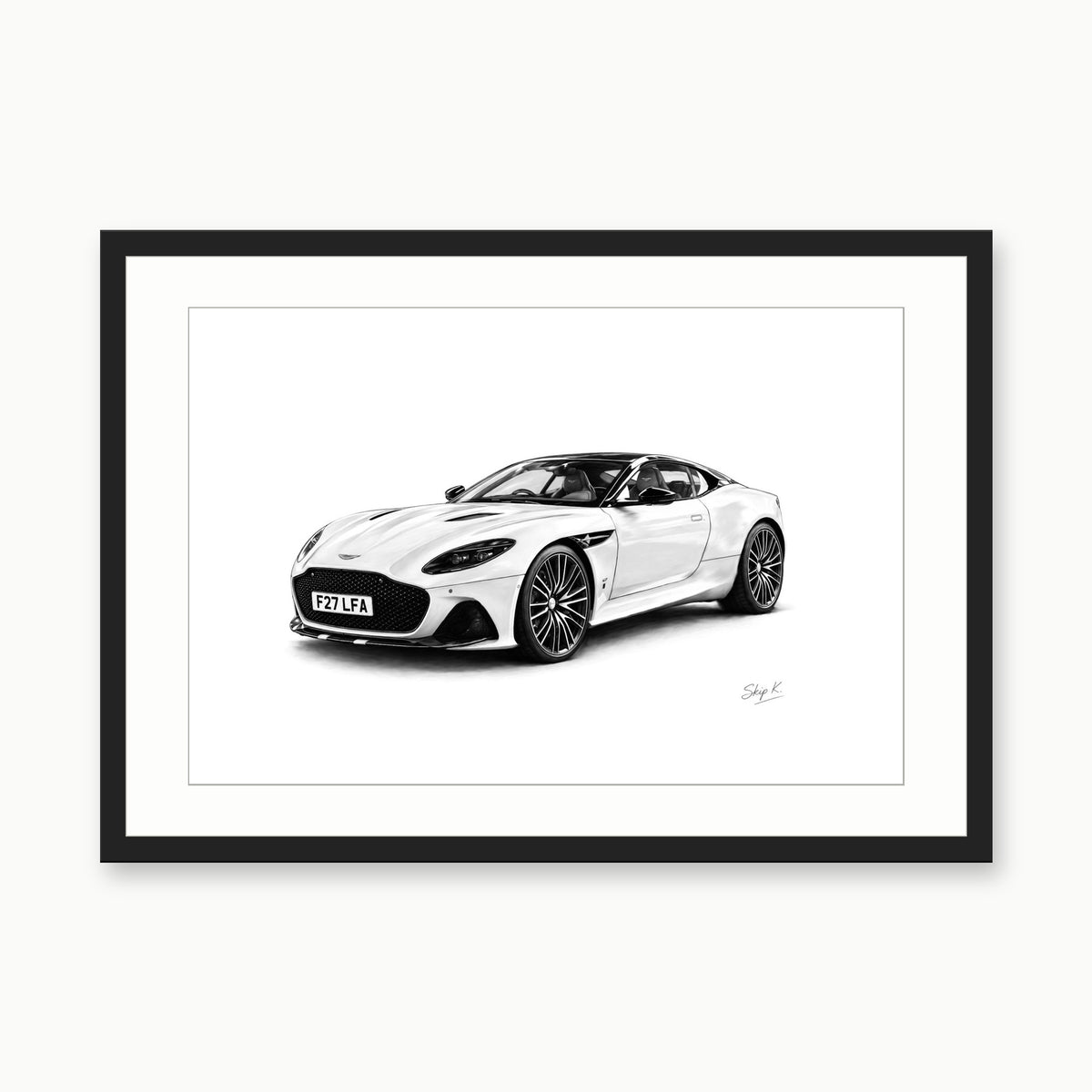 Aston Martin Sports Coupé Fine Art Print – Hand-Drawn Car Illustration – black rectangular frame with white mount