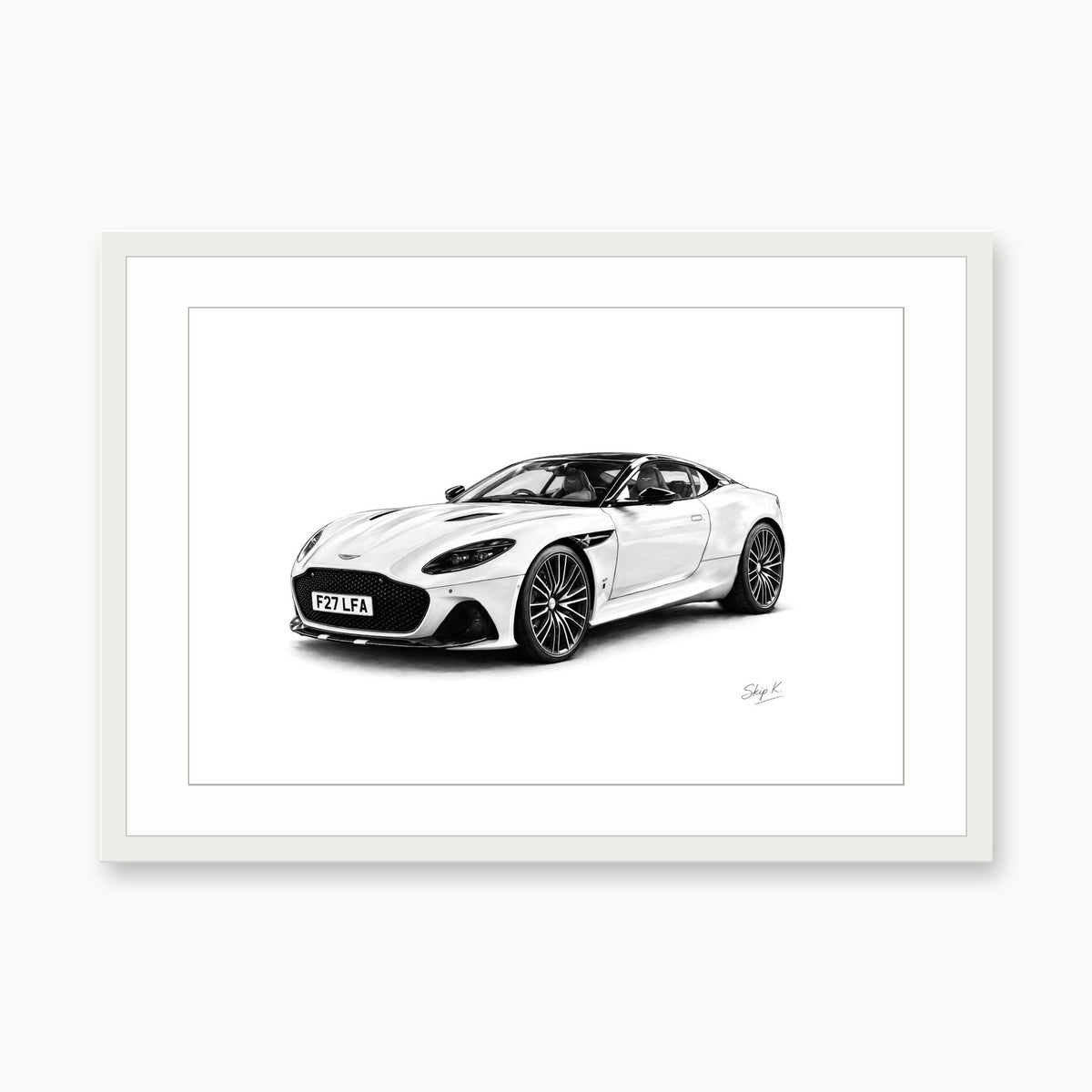 Aston Martin Sports Coupé Fine Art Print – Hand-Drawn Car Illustration – white rectangular frame with white mount