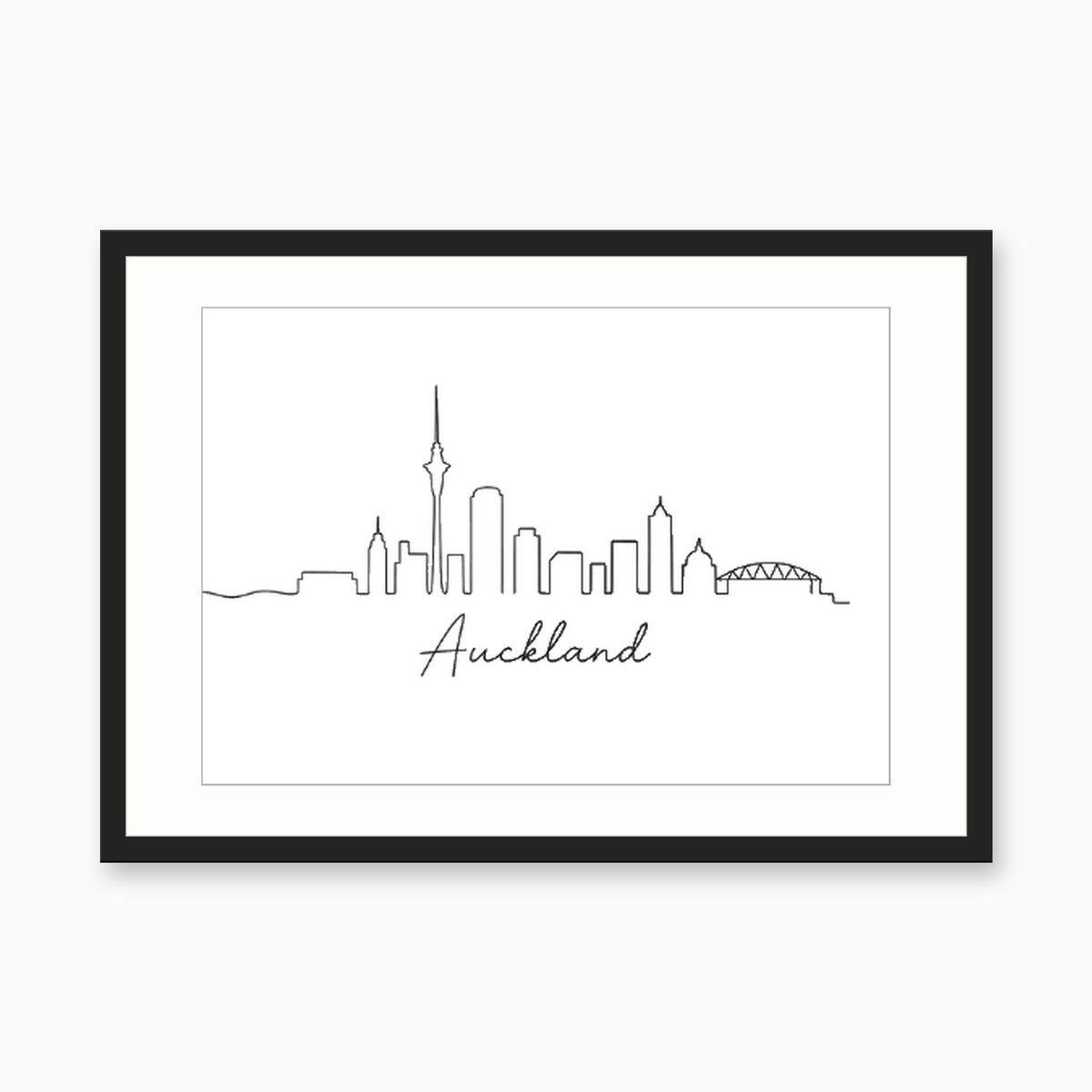 Auckland Skyline Print – black rectangular frame with white mount
