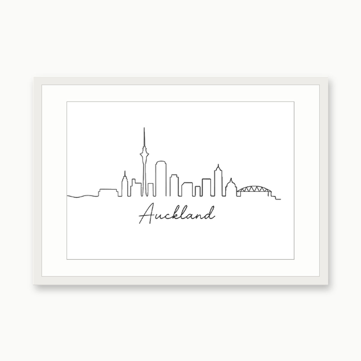 Auckland Skyline Print – white rectangular frame with white mount