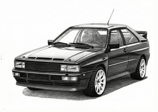 Audi Quattro Fine Art Print – Hand-Drawn Rally Car Illustration – unframed artwork