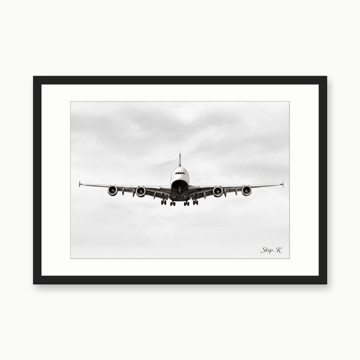 A380 Landing Aviation Art Print – black rectangular frame with white mount