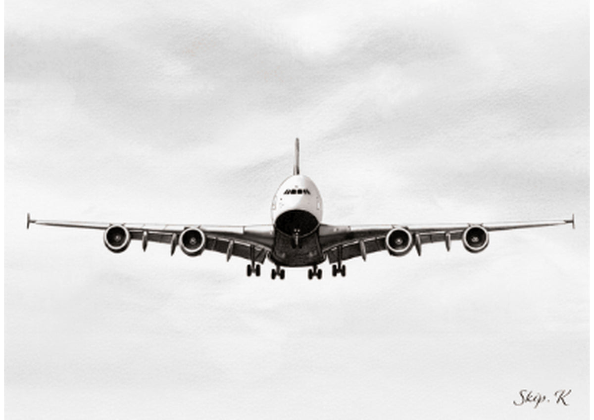 A380 Landing Aviation Art Print – unframed artwork