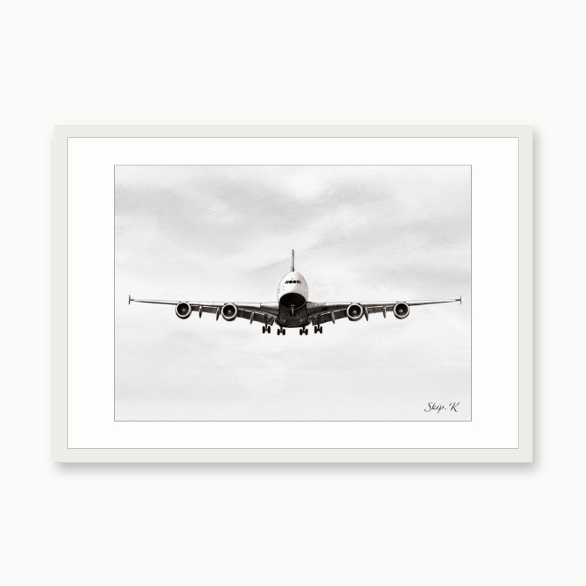A380 Landing Aviation Art Print – white rectangular frame with white mount