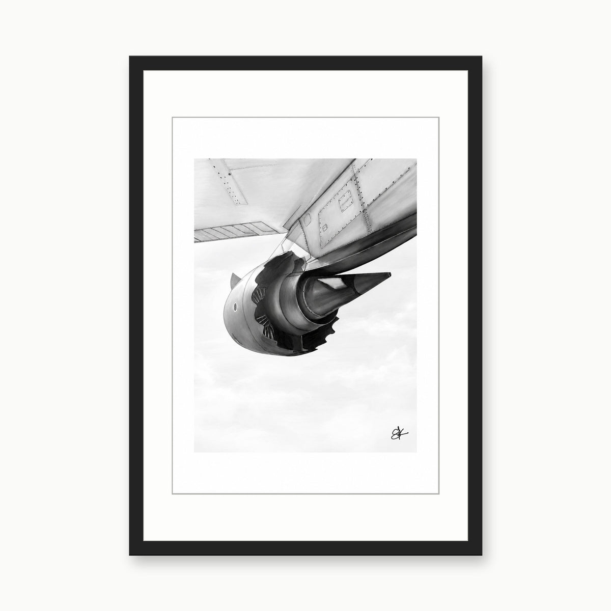 Boeing 787 Dreamliner Engine and Wing Fine Art Print – black rectangular frame with white mount