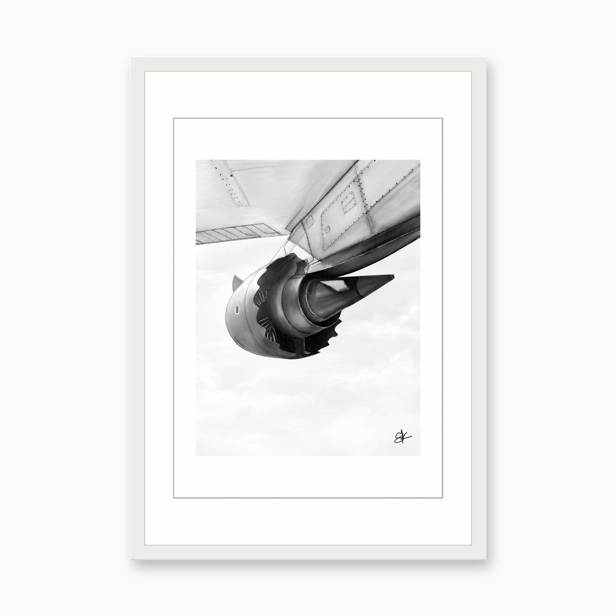 Boeing 787 Dreamliner Engine and Wing Fine Art Print – white rectangular frame with white mount