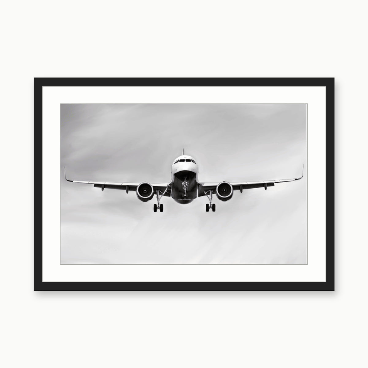 Airbus A320 landing Aircraft Print | Modern Aviation Art – black rectangular frame with white mount