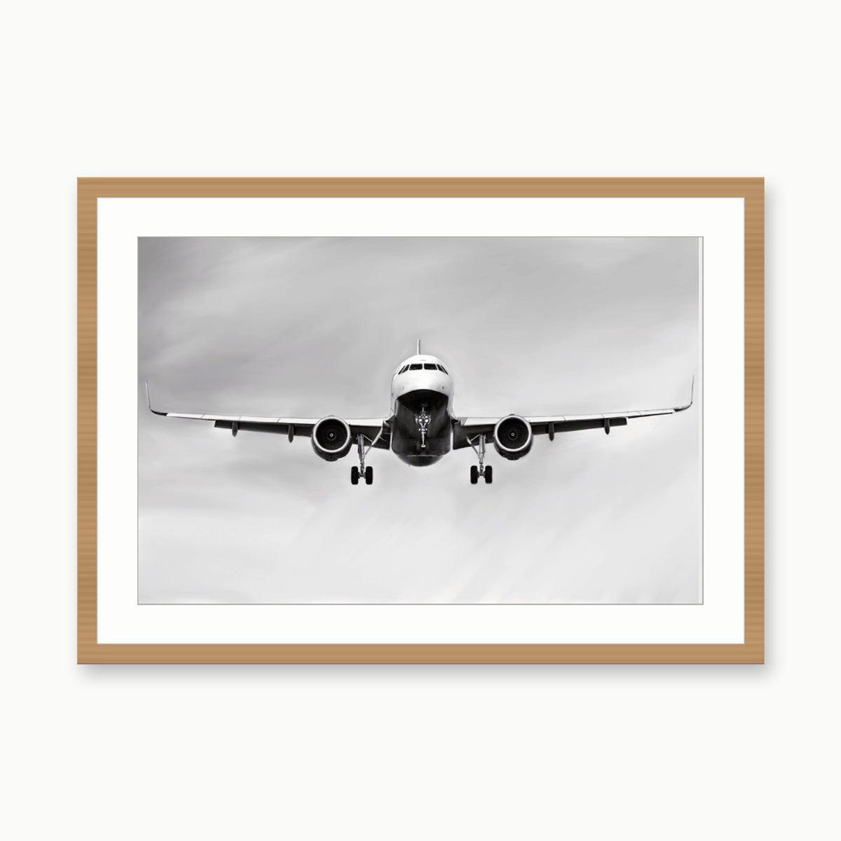 Airbus A320 landing Aircraft Print | Modern Aviation Art – oak rectangular frame with white mount
