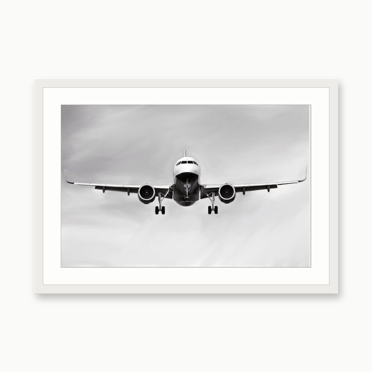 Airbus A320 landing Aircraft Print | Modern Aviation Art – white rectangular frame with white mount
