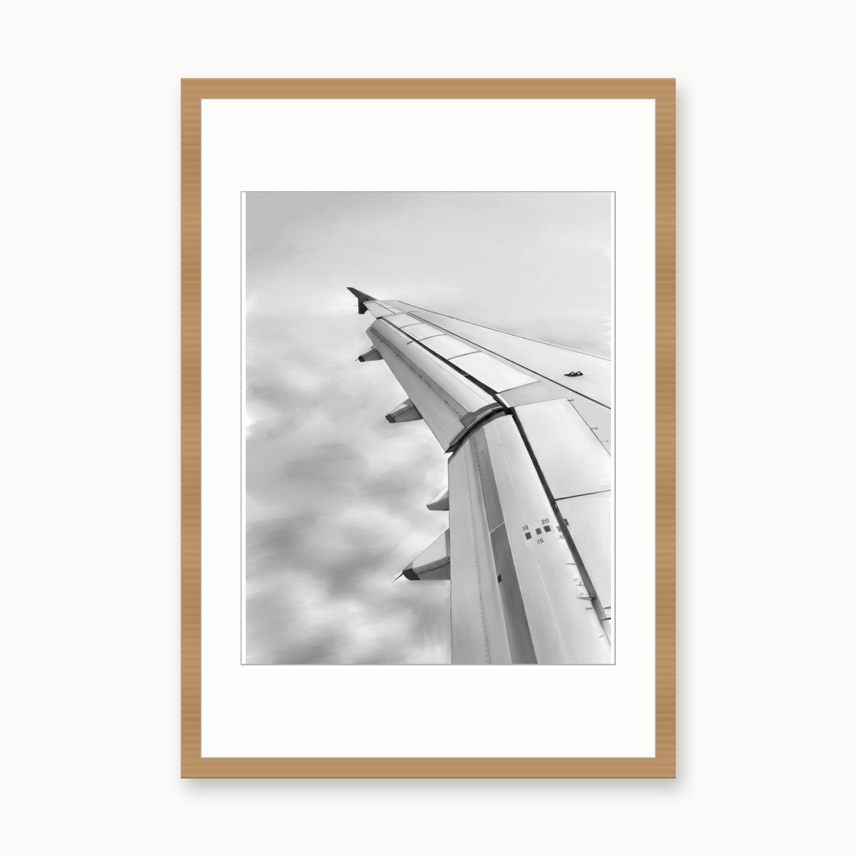Airbus A320 landing wing Aircraft Print | Modern Aviation Art – oak rectangular frame with white mount