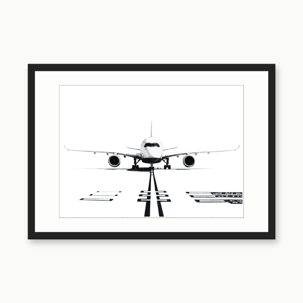 Airbus A350 Hand-Drawn Print | Iconic Aviation Art – black rectangular frame with white mount