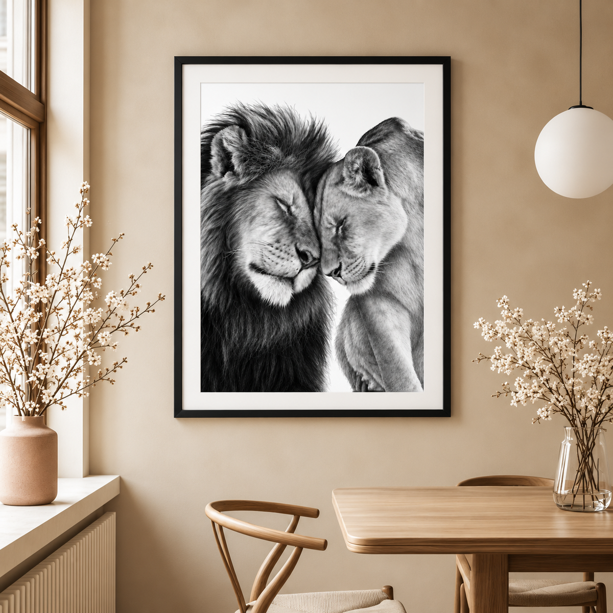 Lion and lioness fine art print in a black frame with white mount on a warm neutral dining room wall