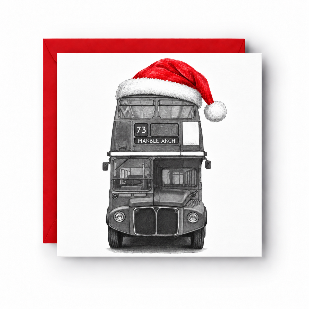 London bus wearing a red Santa hat on a square Christmas card with one red envelope