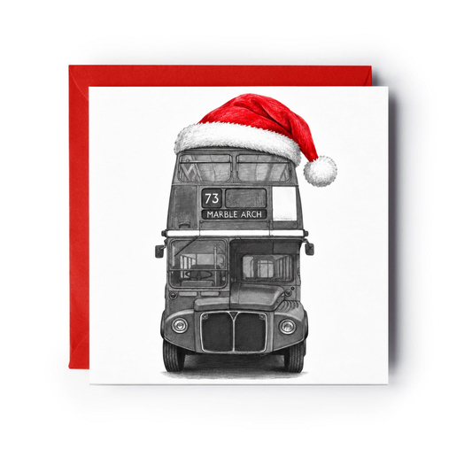 London bus wearing a red Santa hat on a square Christmas card with one red envelope