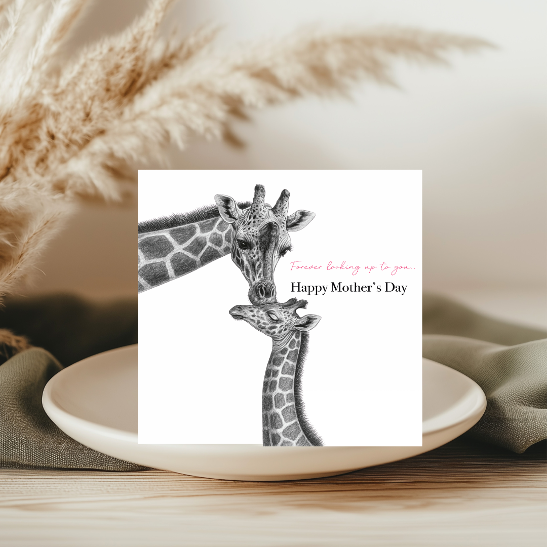 Looking Up to You Giraffes Mother's Day Hand-Drawn Greeting Card | Whimsical & Uplifting Art