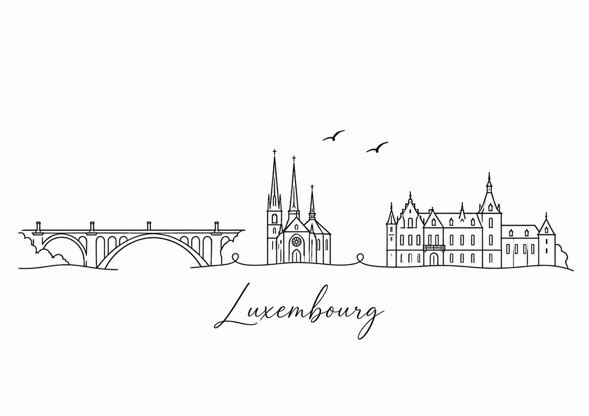 Luxembourg skyline artwork featuring black line landmarks and city lettering on a white background