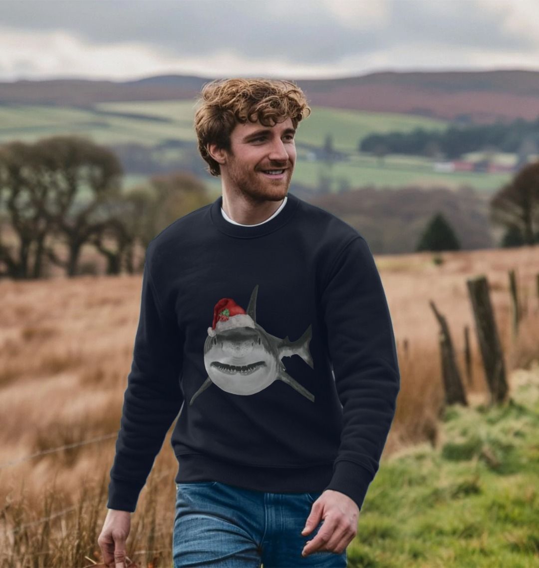 Men's Crew Neck Festive Shark Sweater Certified Organic Cotton