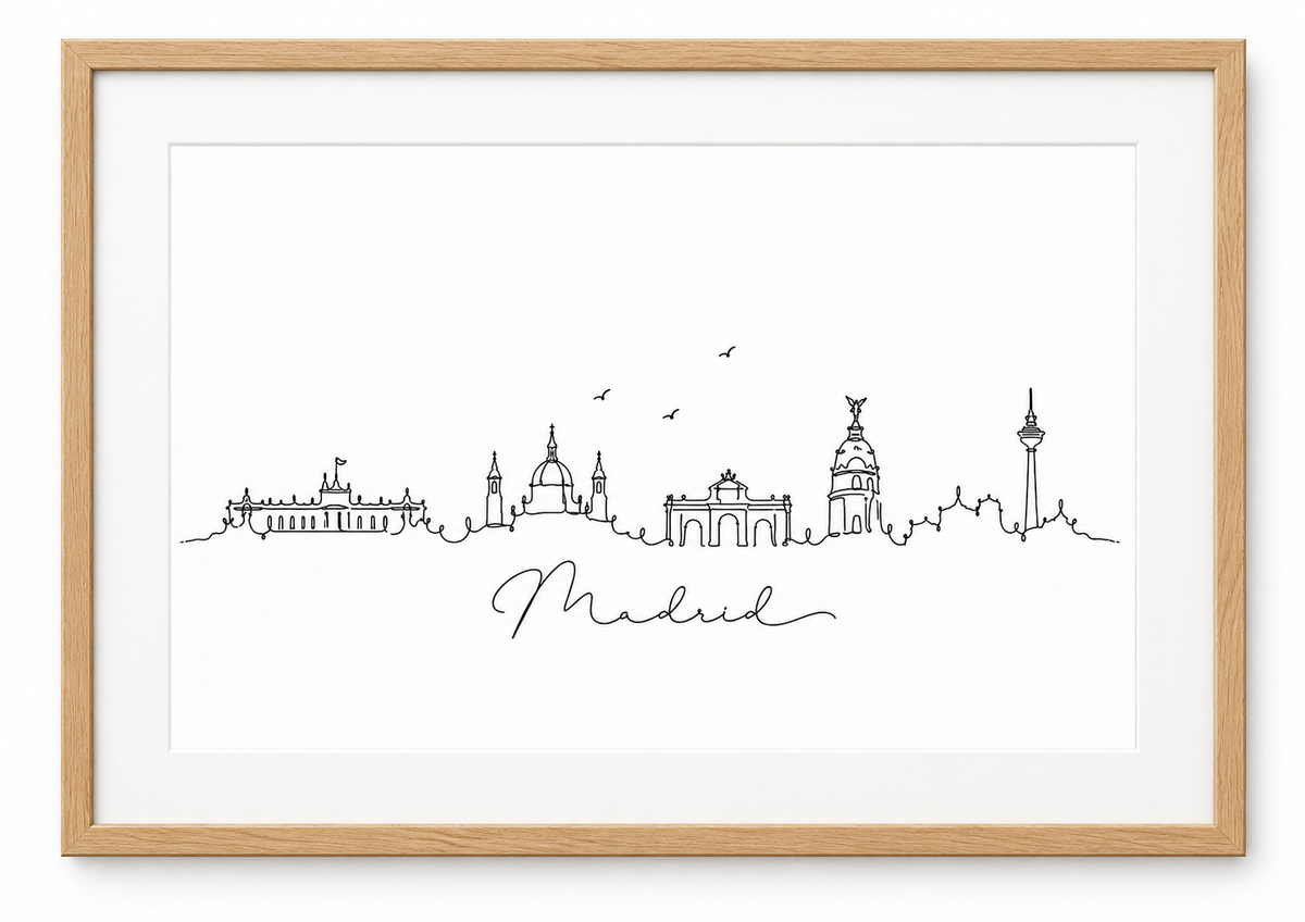 Madrid Skyline Print – oak frame with white mount