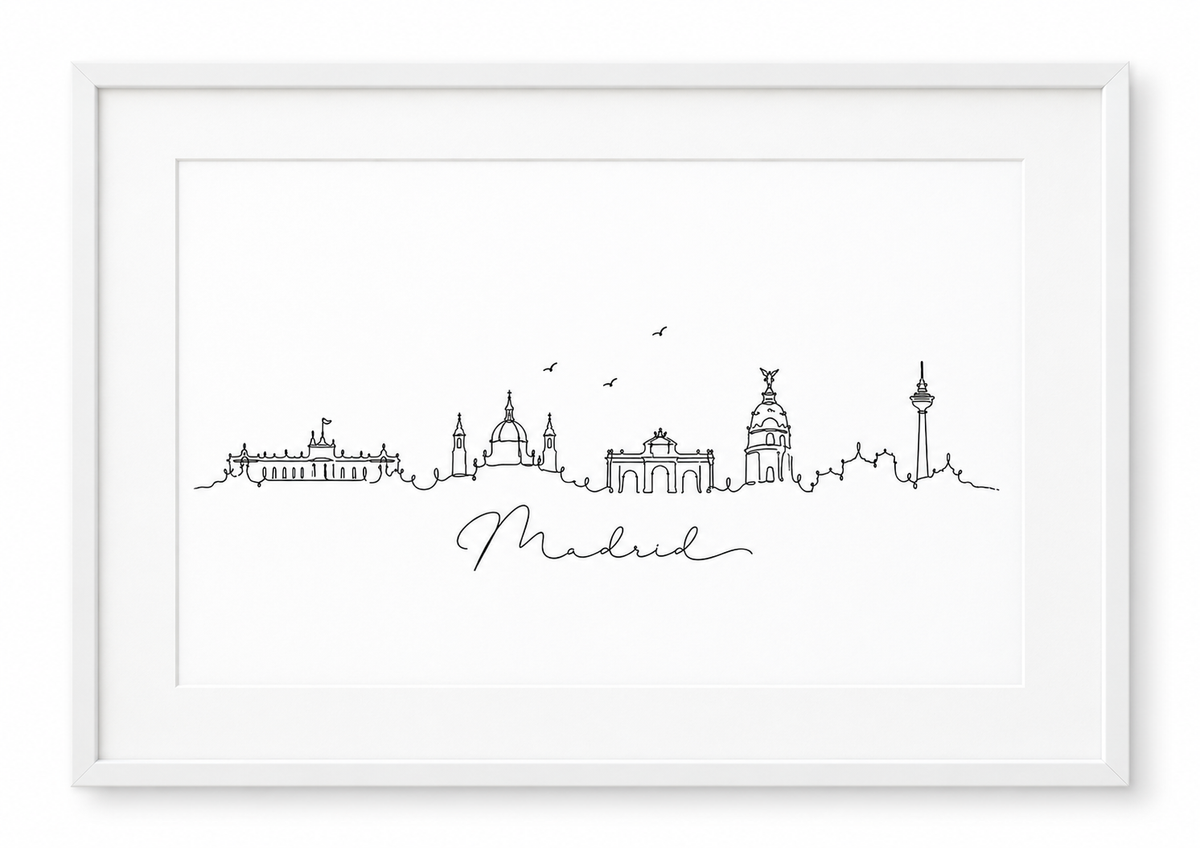Madrid Skyline Print – white frame with white mount