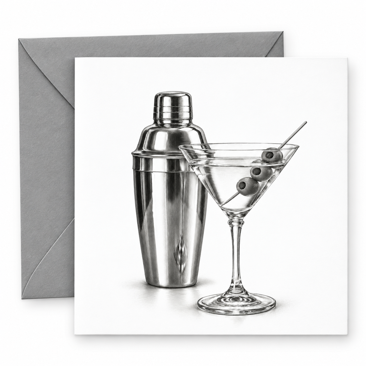 Martini Cocktail Greeting Card featuring a pencil drawing of a martini glass, three olives and shaker, with grey envelope