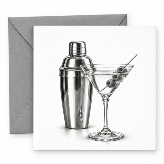 Martini Cocktail Greeting Card featuring a pencil drawing of a martini glass, three olives and shaker, with grey envelope