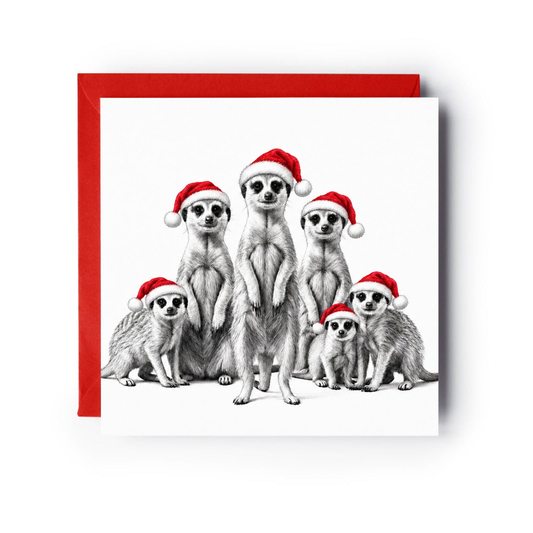 Six meerkats wearing Santa hats on a Christmas card with a red envelope