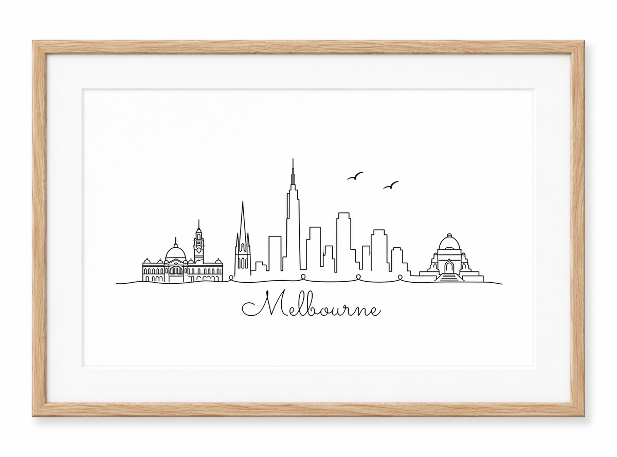 Melbourne skyline print in oak frame