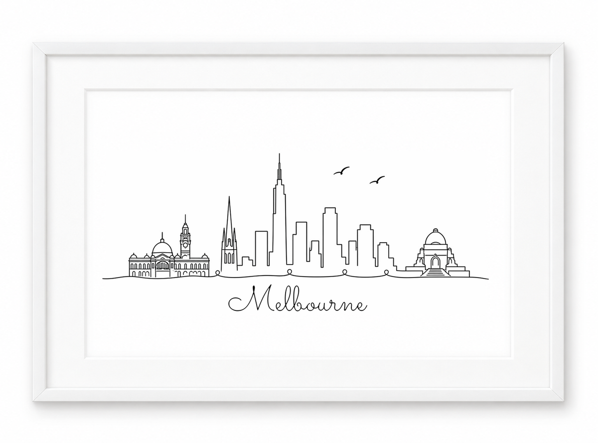 Melbourne skyline print in white frame