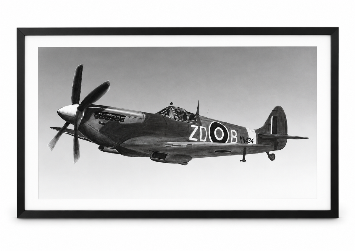 “Off to Battle” Spitfire Drawing | Aviation Art Print in black frame with white mount