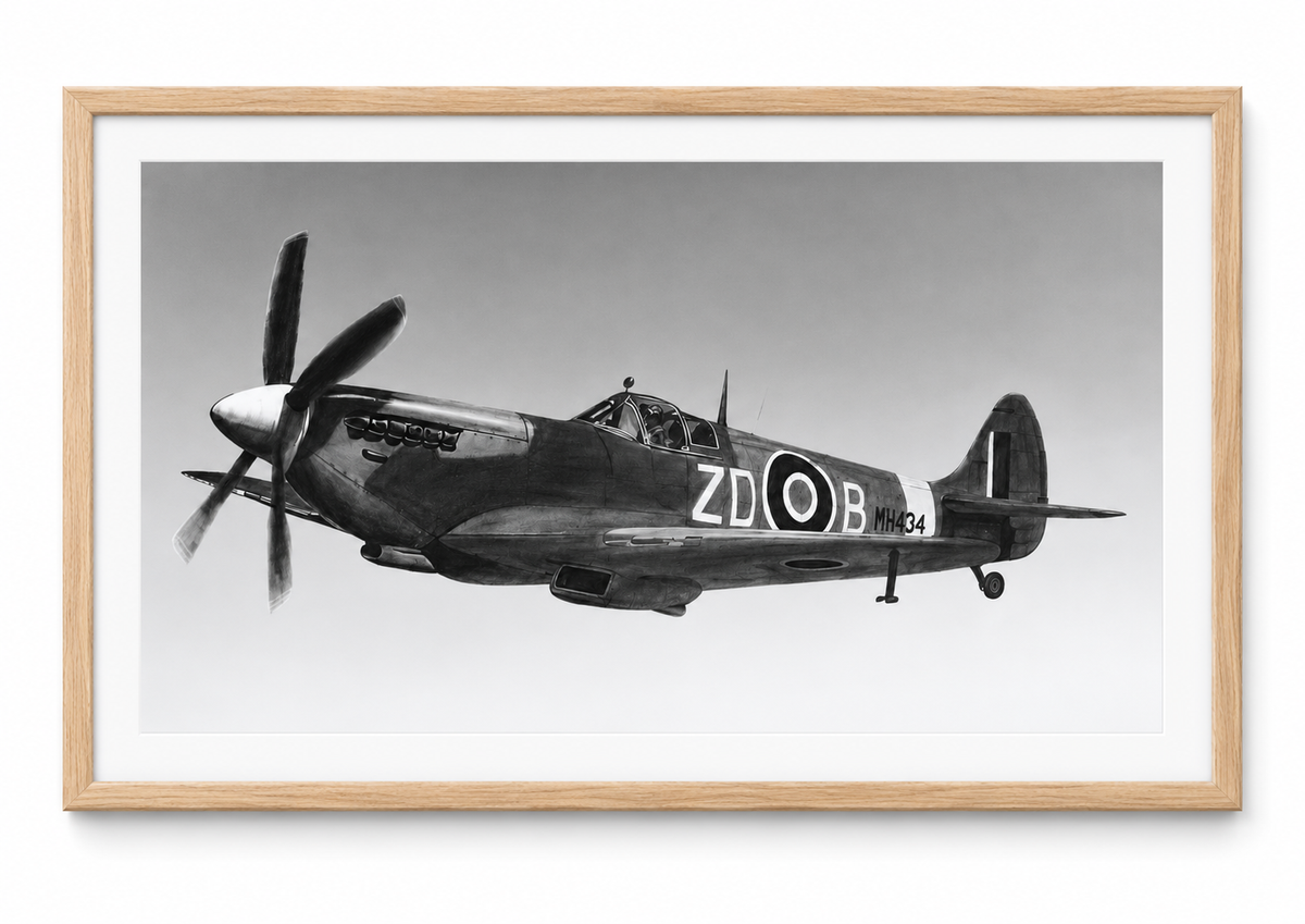 “Off to Battle” Spitfire Drawing | Aviation Art Print in oak frame with white mount