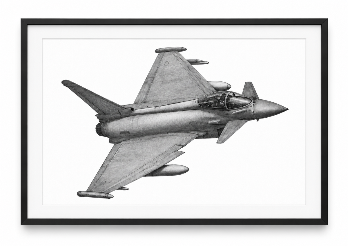 Eurofighter Typhoon Hand-Drawn Print | Modern Military Aviation Art in black frame with white mount