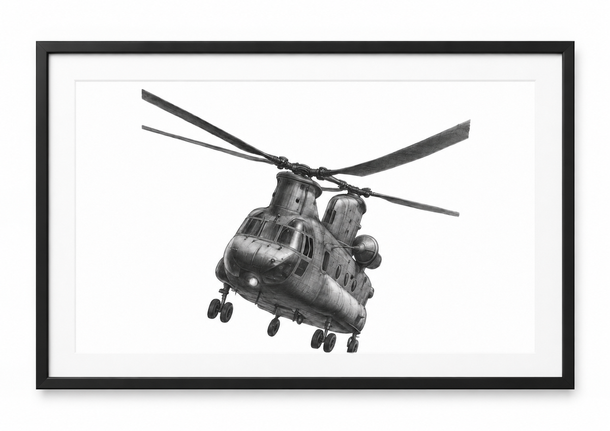 Boeing CH-47 Chinook Hand-Drawn Print | Military Aviation Art in black frame with white mount