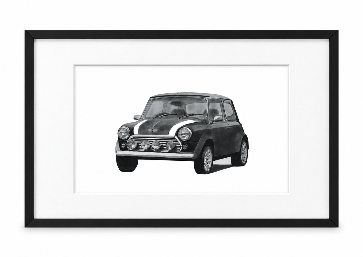 Mini car in black frame with white mount