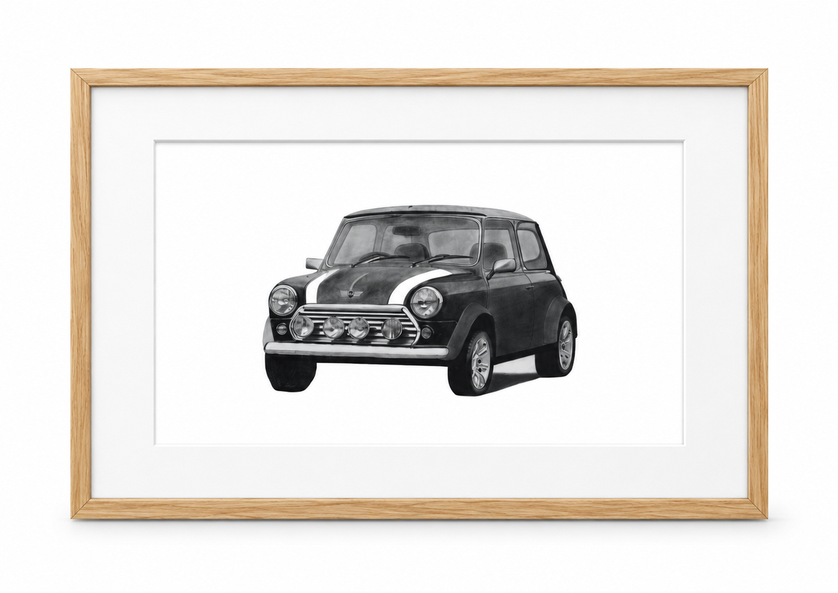 Mini car in oak frame with white mount