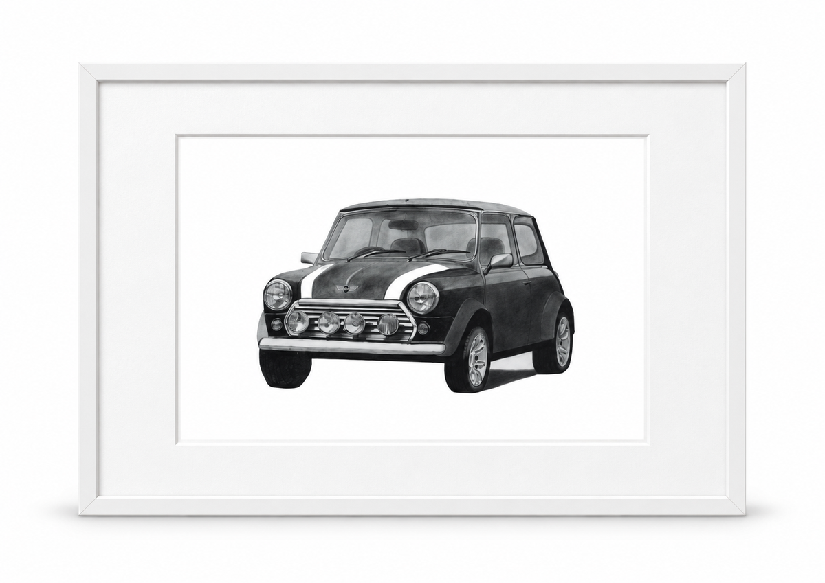 Mini car in white frame with white mount