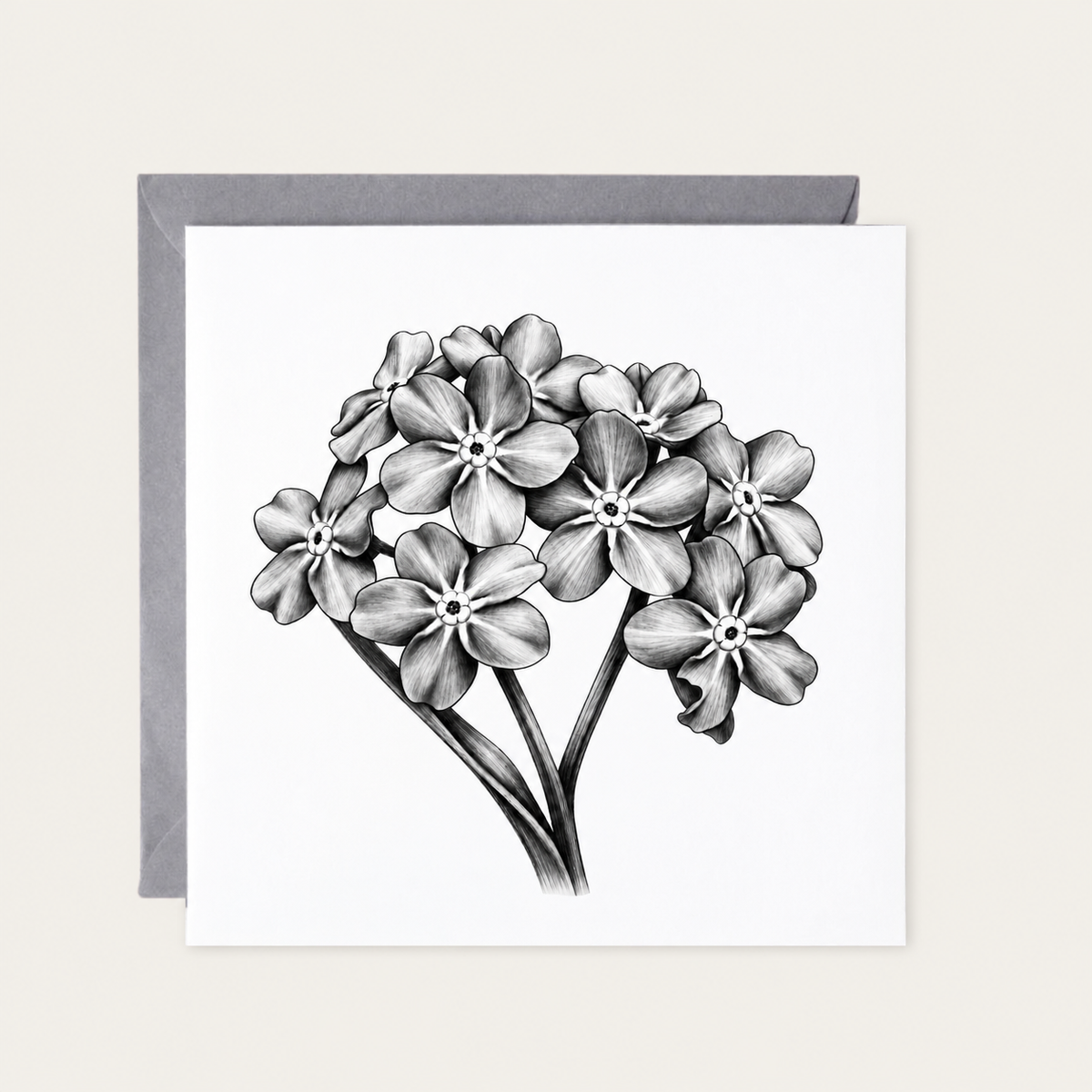 Monochrome flowers greeting card with matching grey envelope