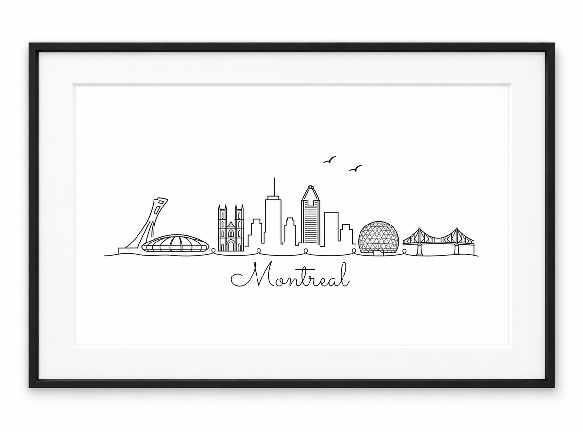 Montreal skyline print in black frame