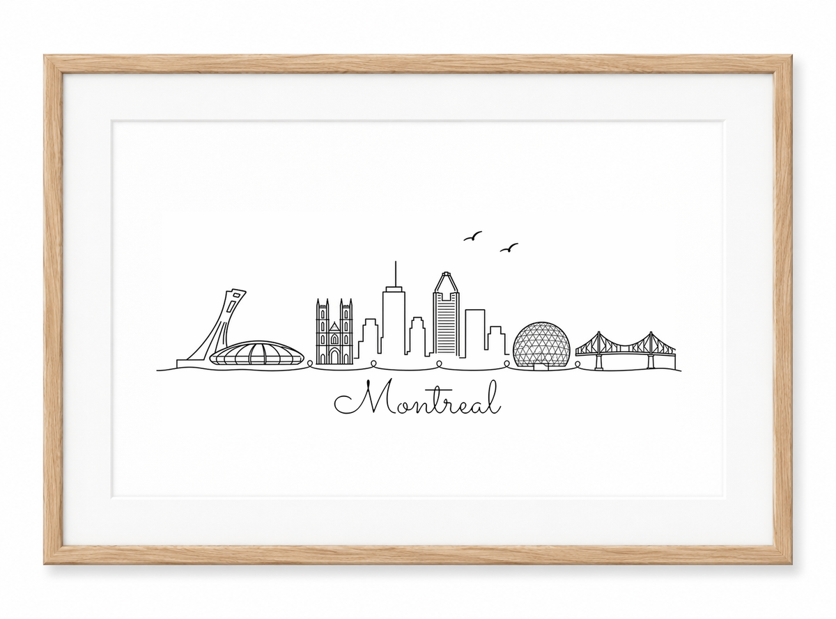 Montreal skyline print in oak frame