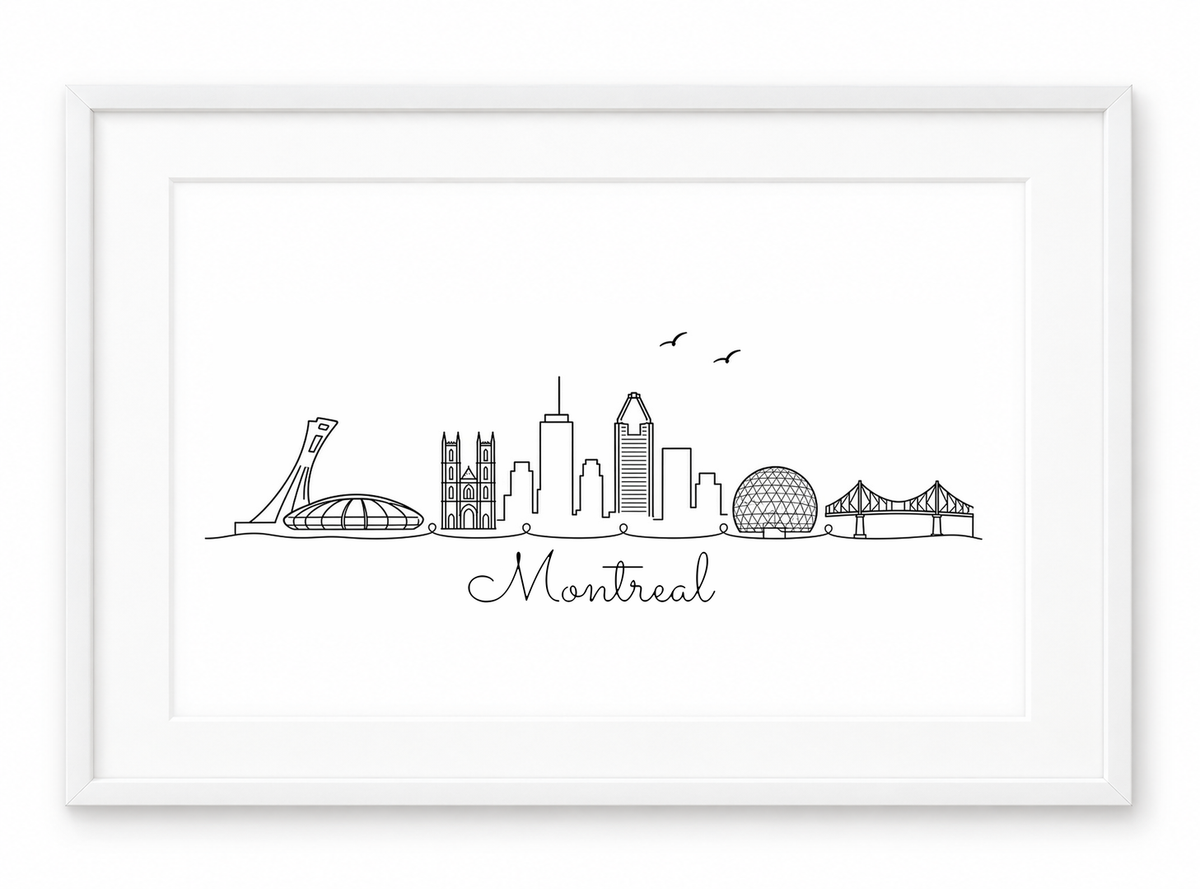 Montreal skyline print in white frame
