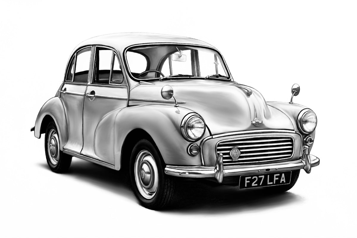 Hand-drawn Morris Minor classic British car fine art print
