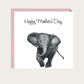 A Happy Mother’s Day greeting card featuring an adorable hand-drawn baby elephant, with a heartwarming design to celebrate moms. The card is paired with a soft pink envelope, adding a touch of warmth and charm to the special occasion.
