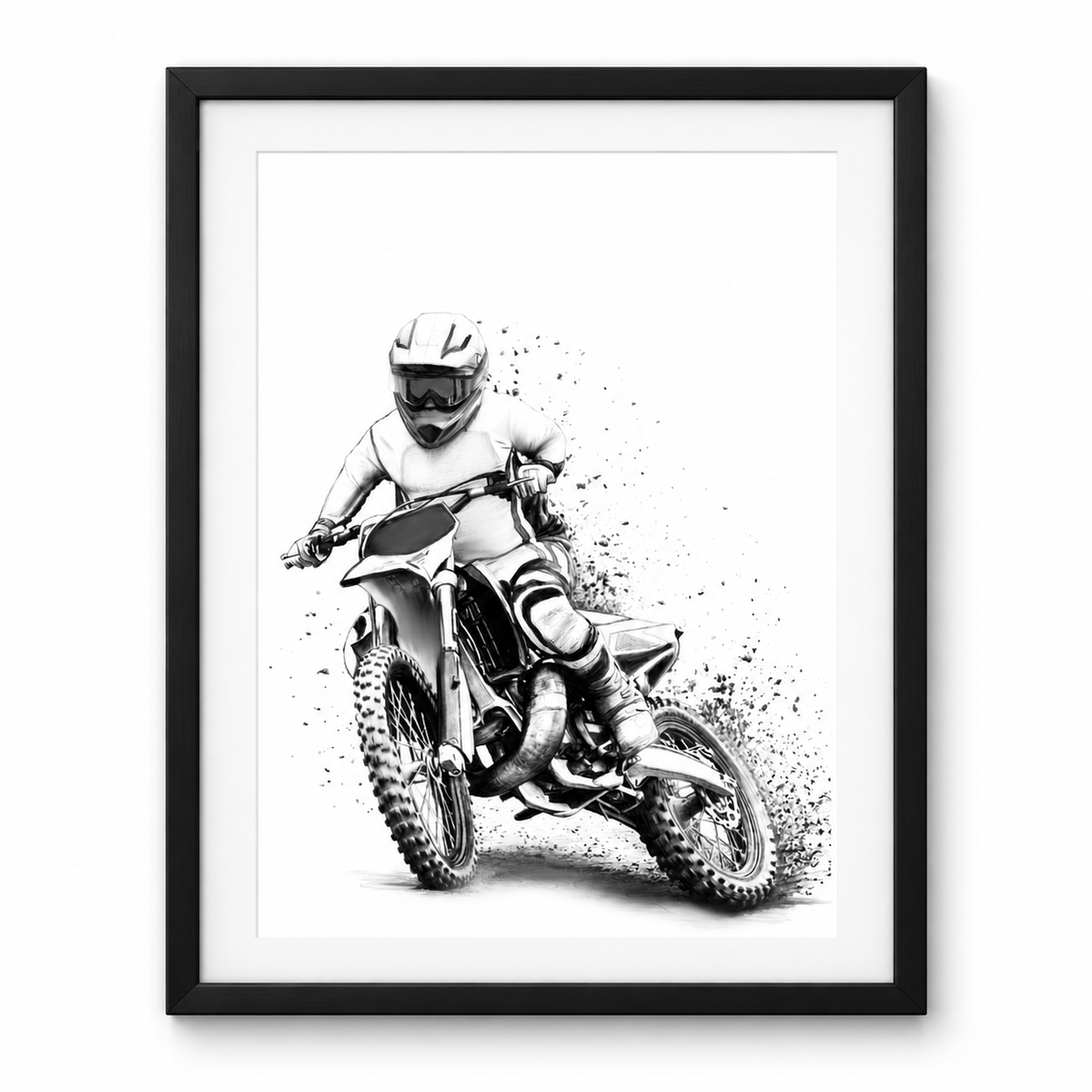 Motocross rider fine art print in a black frame with a white mount