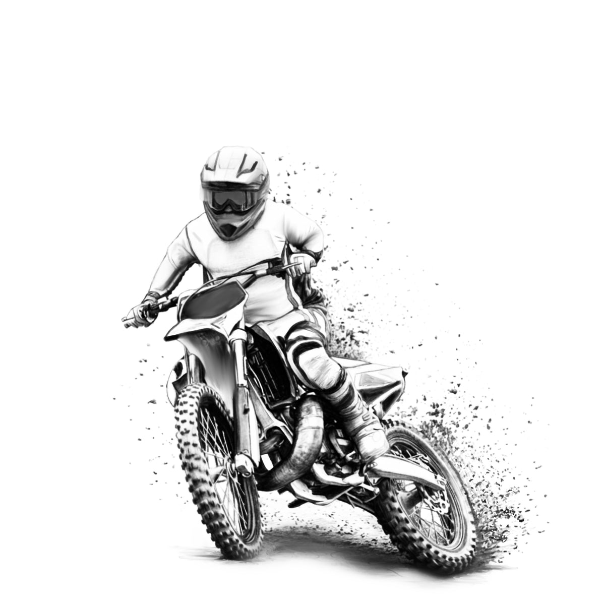 Black and white pencil artwork of a motocross rider cornering on a dirt bike with flying mud