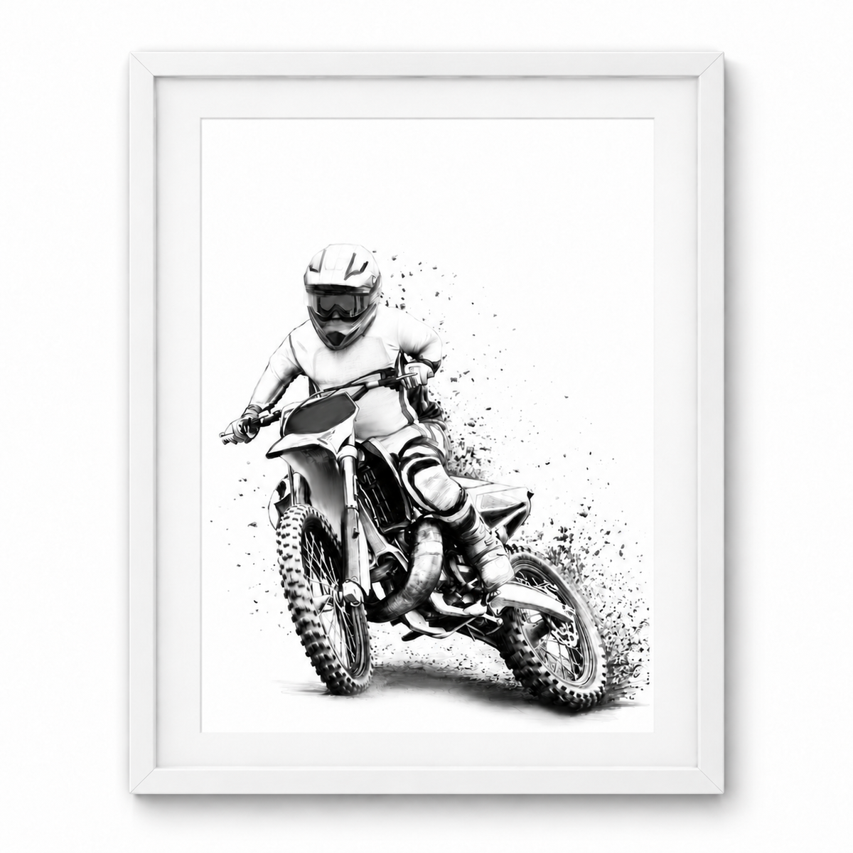 Motocross rider fine art print in a white frame with a white mount
