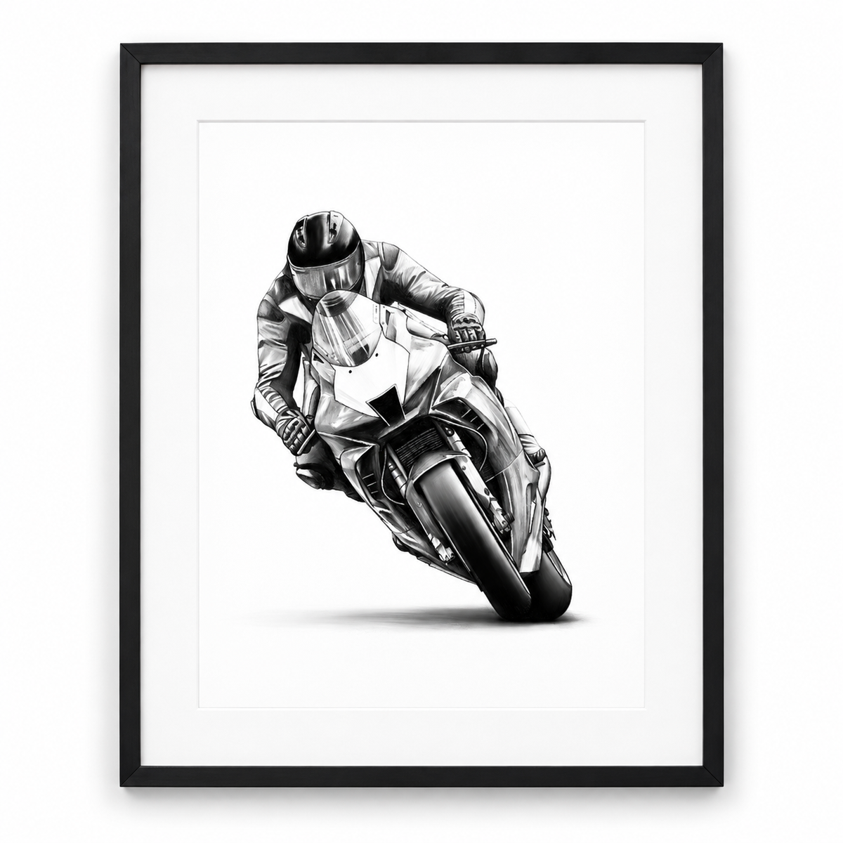 Motorcycle Racer Fine Art Print in Black frame with white mount