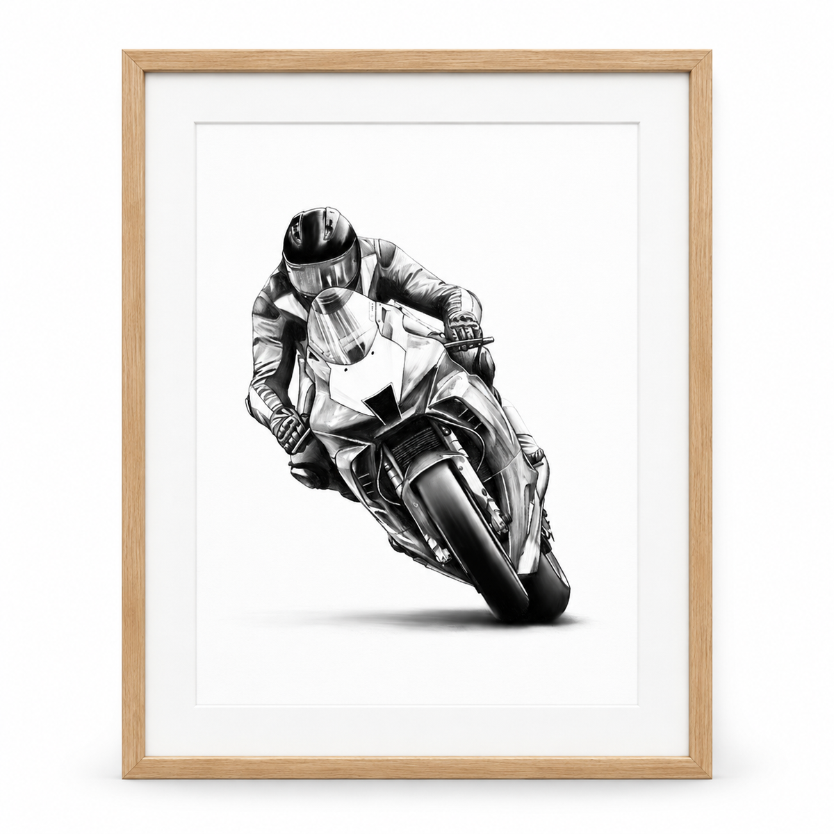 Motorcycle Racer Fine Art Print in Oak frame with white mount