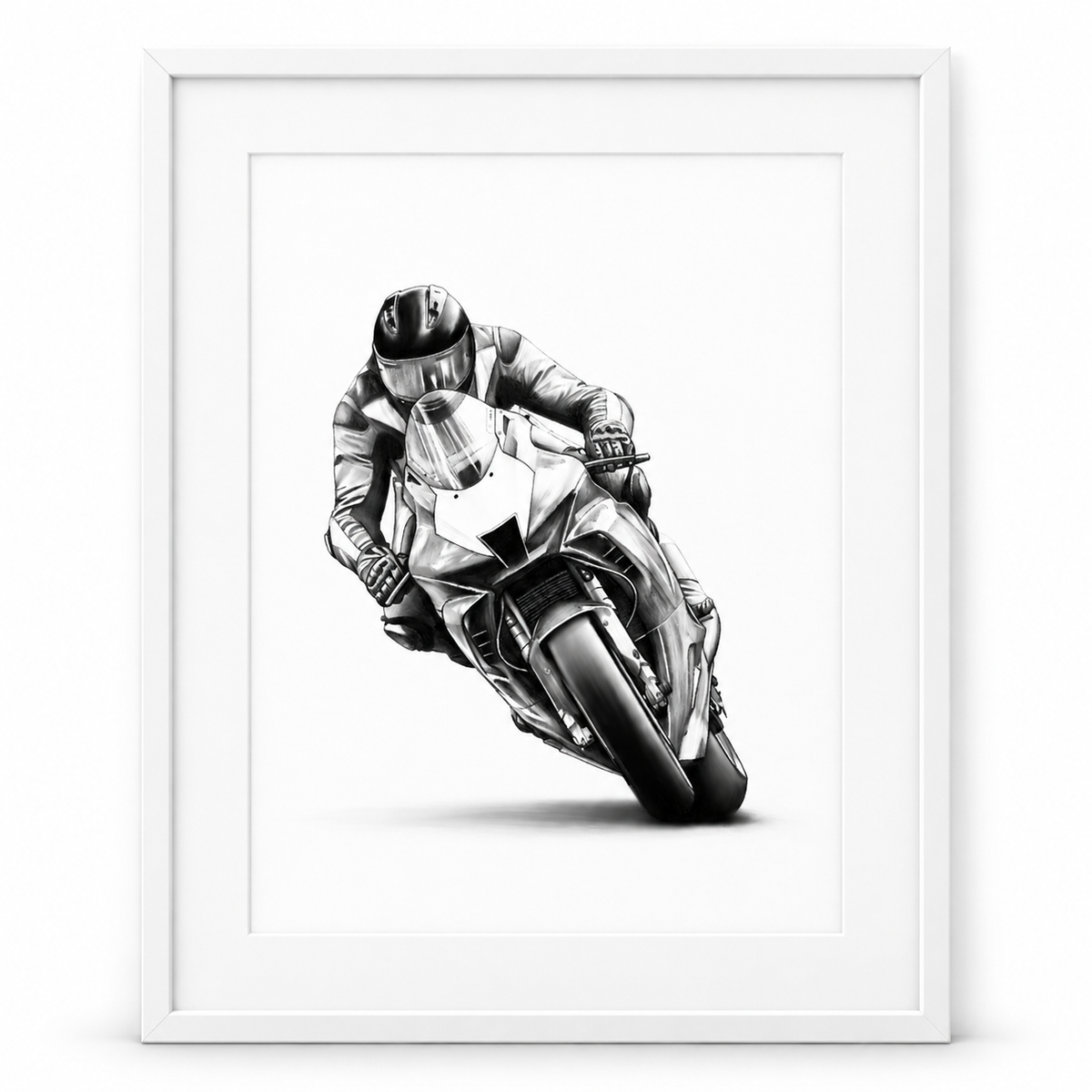 Motorcycle Racer Fine Art Print in White frame with white mount