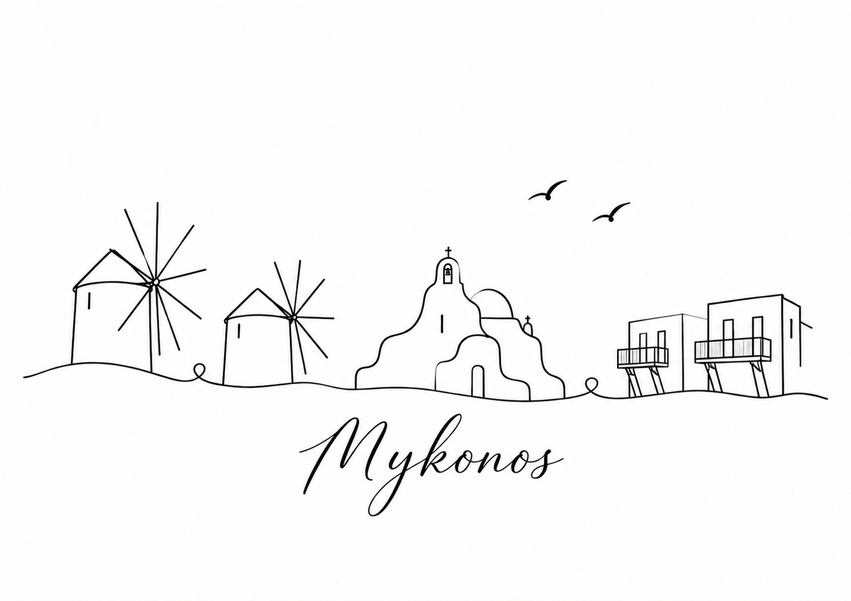 Mykonos skyline artwork featuring black line landmarks and city lettering on a white background