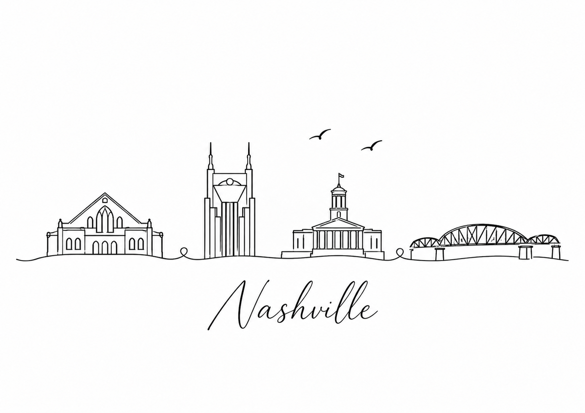 Nashville skyline artwork featuring black line landmarks and city lettering on a white background