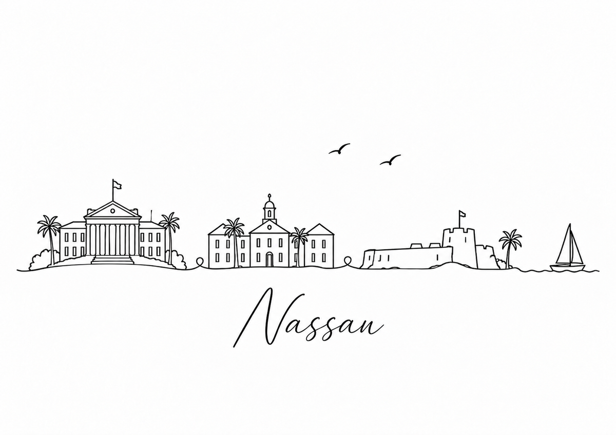 Nassau skyline artwork featuring black line landmarks and city lettering on a white background